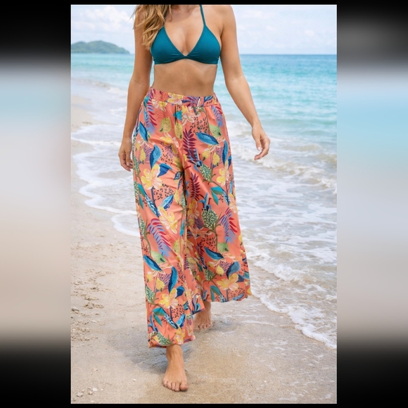 coco cabana Pants - Coco Cabana Tropical Wide Leg Pants Coral Floral Resort Lounge